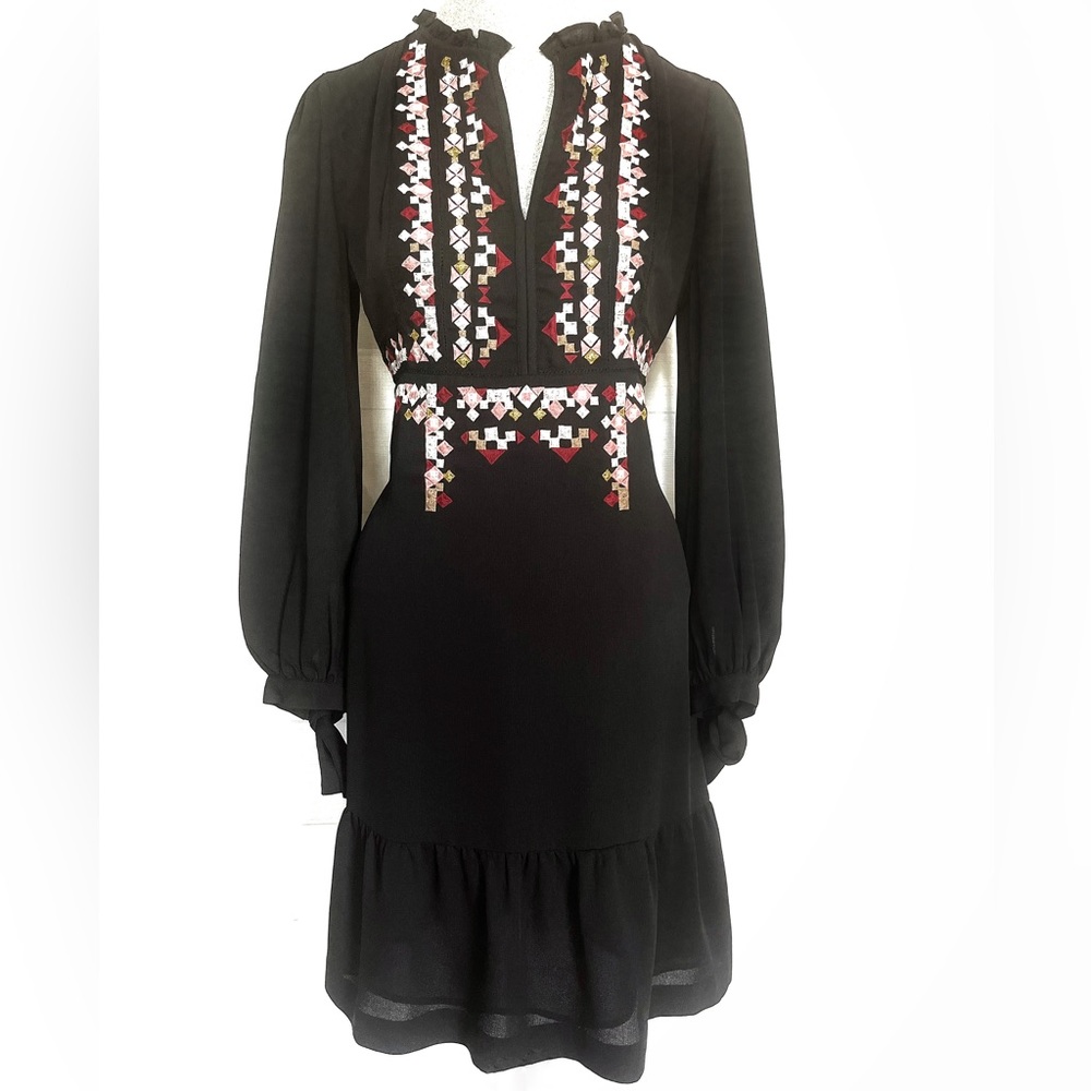 ANN TAYLOR Black Embroidered Aztec Design Long-Sleeved Dress